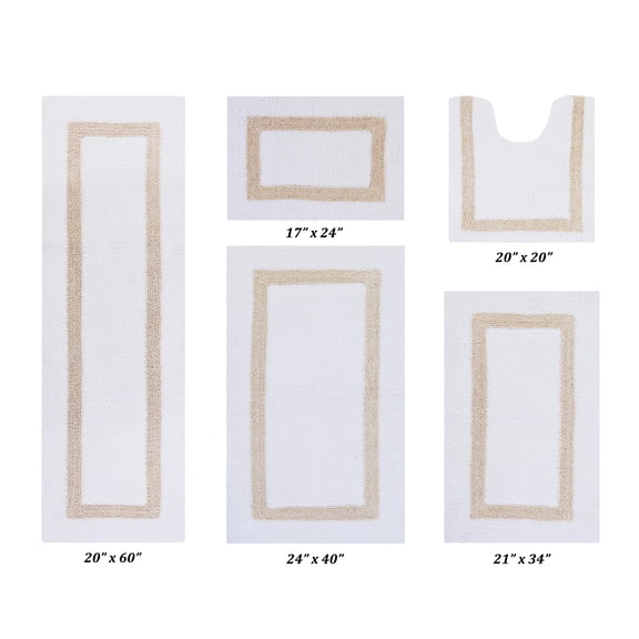 Better Trends 5 Piece Bathroom Rugs Set 100% Cotton Bath Rug Soft, Water Absorbent, Reversible, Machine Washable for Bathroom Decor Toilet Base Contour, Runner Mat Hotel Collection - White/Sand