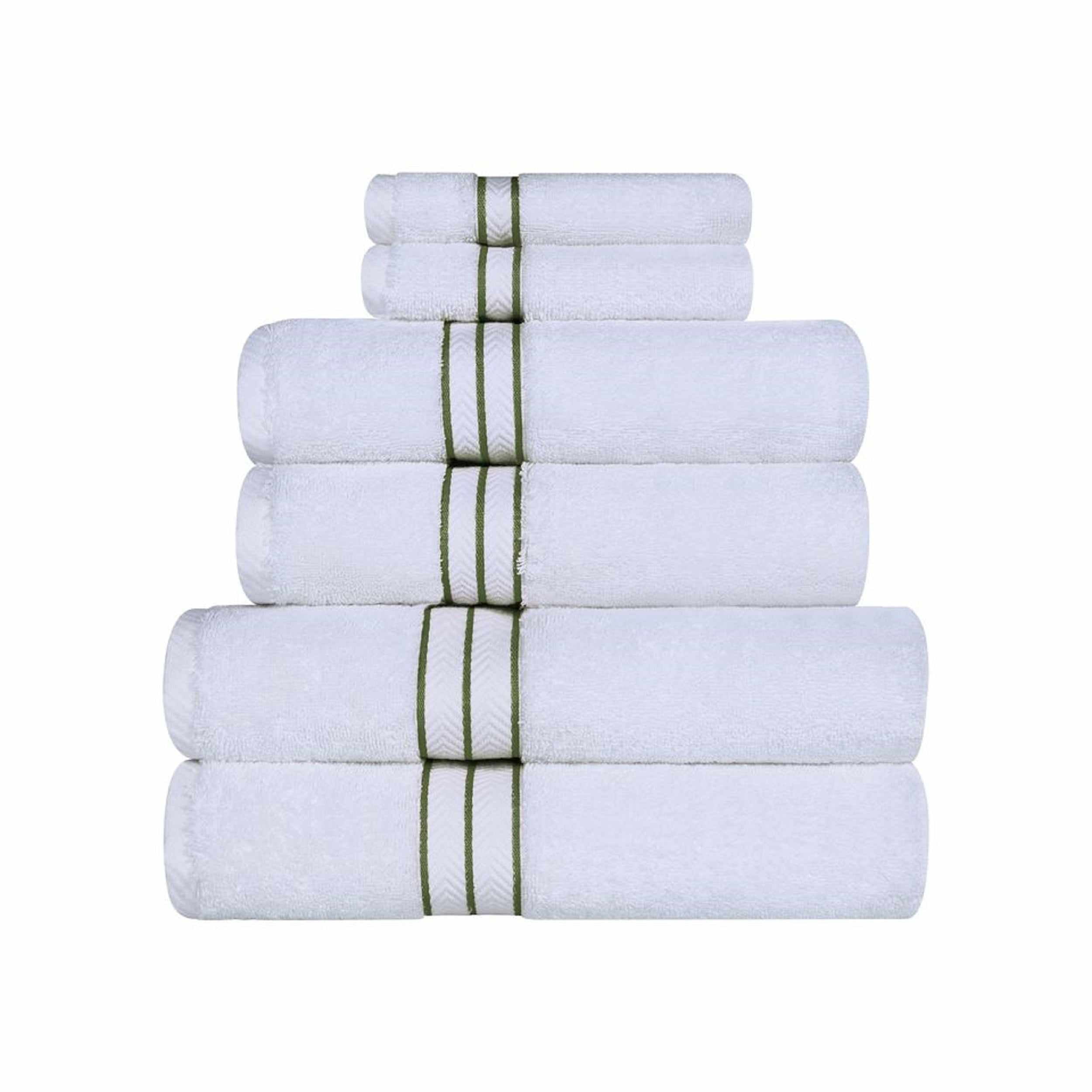 Hotel Collection 900 GSM Long Staple Combed Cotton 6-Piece Towel Set, 2 Bath, 2 Hand, 2 Face White/Forest Green