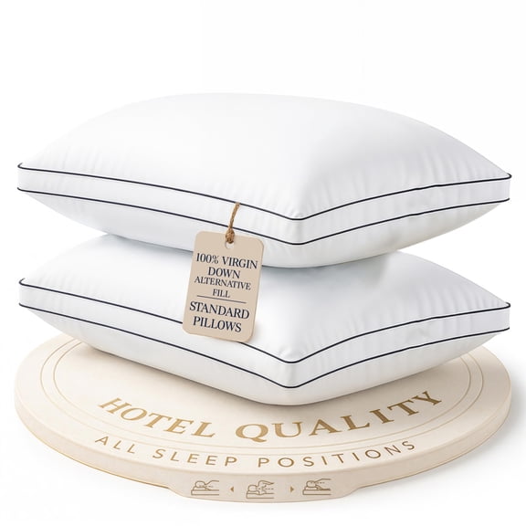 Hotel Collection Bed Pillows Standard Size Set of 2, Medium Firmness for Side Back Sleepers, Machine Washable Polyester Cover, Fluffy Down Alternative White