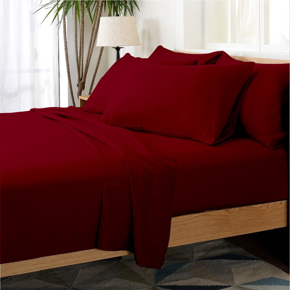 King Size Burgundy Cotton Polyester Microfiber 6-Piece Bed Sheet Set