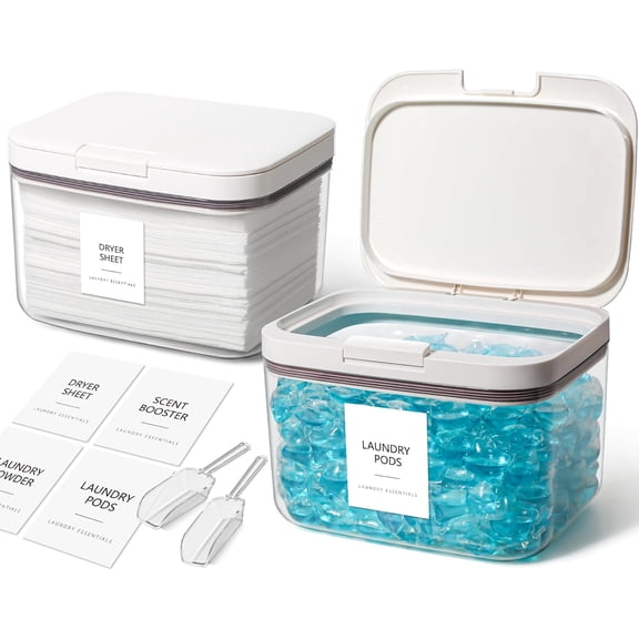 Dryer Sheet Holder and Laundry Pods Container, 2 Pack 2.96 qt. / 95 fl oz Powder Dispenser for Room Organization Decor, Plastic Pod Beads Detergent Storage