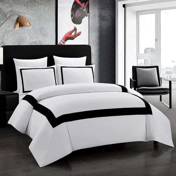 Hotel Duvet Cover Set King Size 3Pcs Microfiber Black Line Pattern Bedding Collection Ultra Soft Breathable Duvet Cover with Pillowcases
