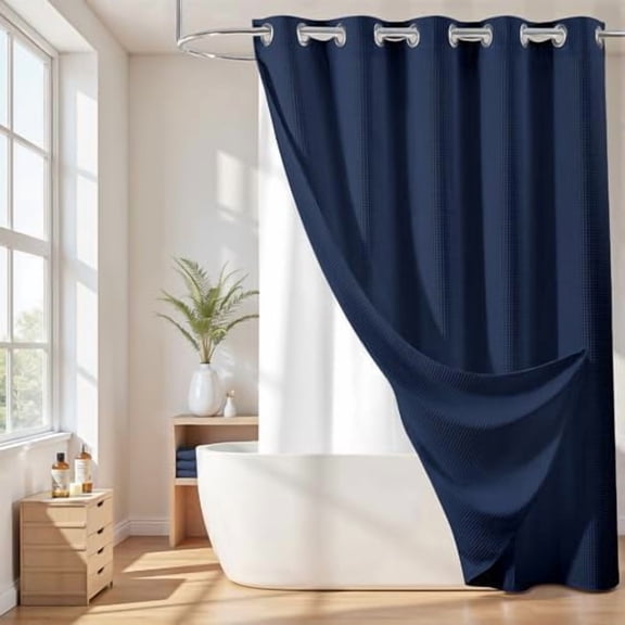 Hotel Grade No Hooks Needed Shower Curtain with Snap in Liner,Water Repellent, Machine Washable (Navy Blue, 71"x86"(W/Liner))