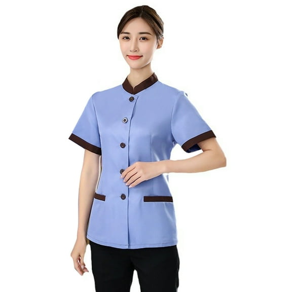 Hotel Housekeeping Uniform Women Slim Fit Top Stand Collar Short Sleeve Single Breasted Pockets Work Uniform Tops