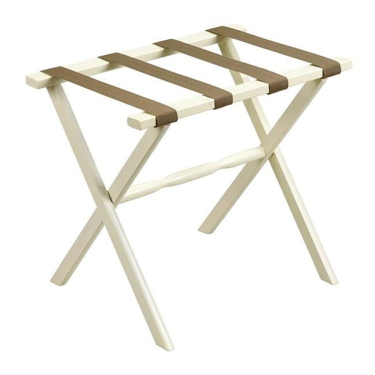 Ivory Wood Folding Luggage Rack with Tan Nylon Straps