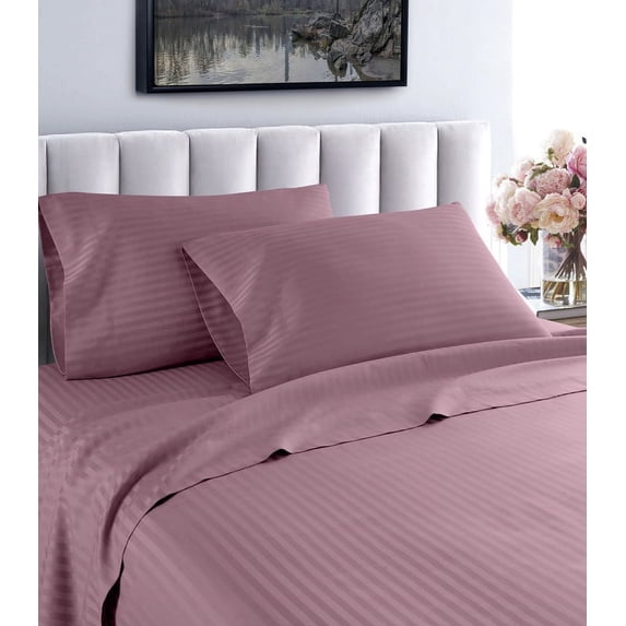 London Collection 600 Thread Count Wrinkle Resistant Woven Stripe 100% Egyptian Cotton 4 Piece Sheet Set (California King, Purple)