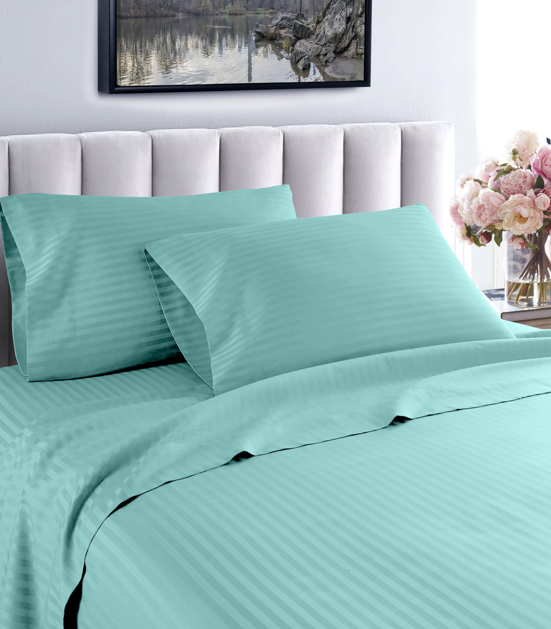 Aqua Striped 600 Thread Count Egyptian Cotton Queen Sheet Set