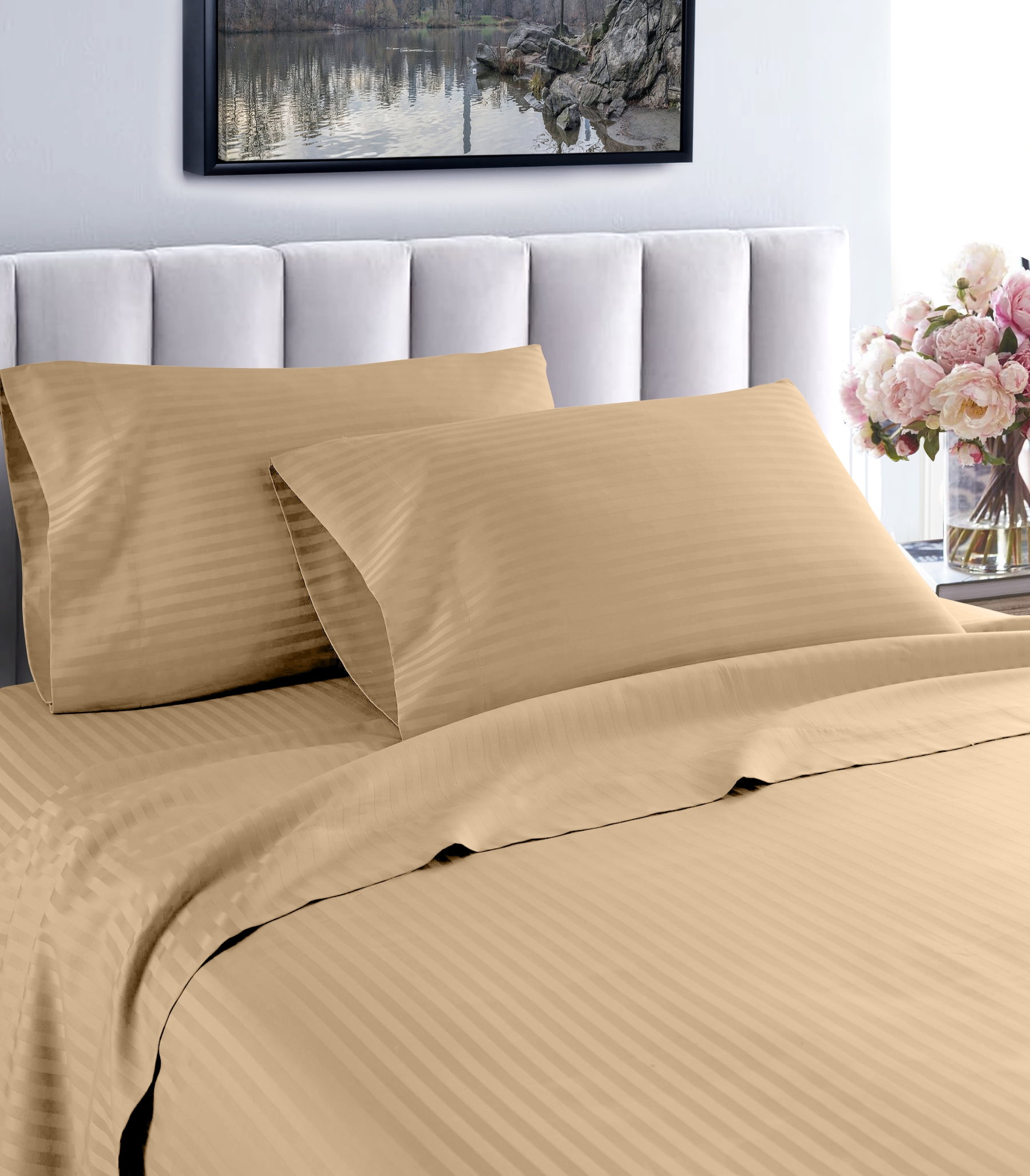 Queen Taupe Striped Egyptian Cotton Deep Pocket Sheet Set