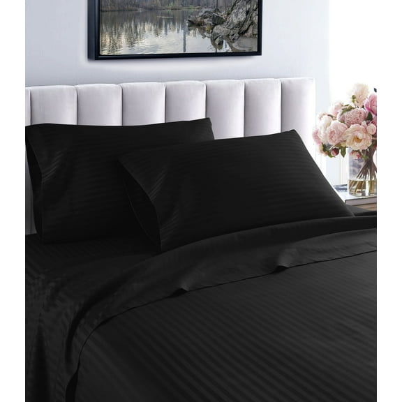 Hotel Luxurious 1200 Thread Count 100% Egyptain Cotton 3-Piece Deep Pocket Stripe Sheet Set (Twin XL, Black)