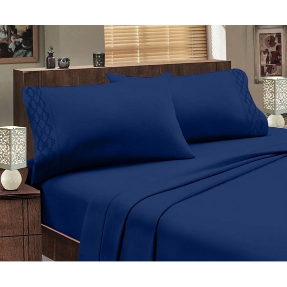 Hotel Luxurious 1800 Series Super Soft Embroidery 4 Piece Sheet Set (California King, Navy Blue)