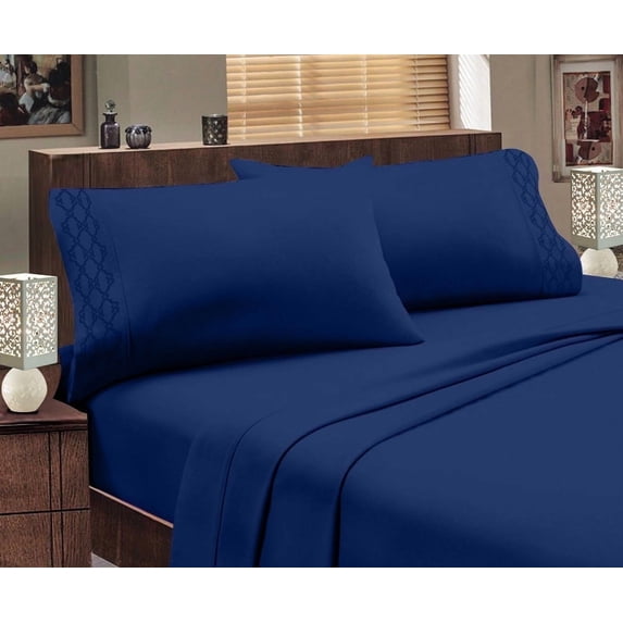 Hotel Luxurious 1800 Series Super Soft Embroidery 4 Piece Sheet Set (Full, Navy Blue)