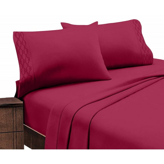 Hotel Luxurious, 1800 Series Super Soft Embroidery 4 PC Sheet Set (Full Burgundy)