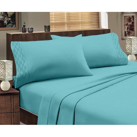 Hotel Luxurious 1800 Series Super Soft Embroidery 4 Piece Sheet Set (Queen, Aqua)
