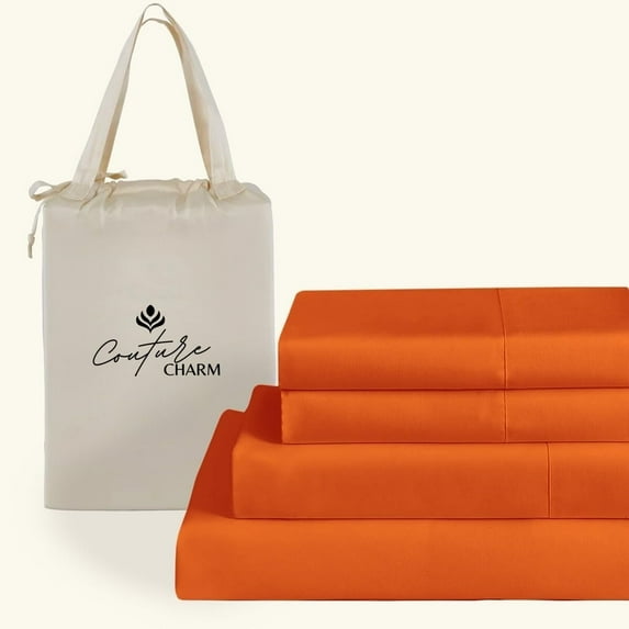 Couture Charm Hotel Luxury 500-TC Egyptian Cotton Olympic-Queen Size 4-Pcs Sheet Set Fits Upto 27-30" Deep Pocket (Solid, Orange)