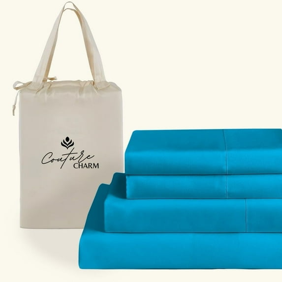 Couture Charm Hotel Luxury 500-TC Egyptian Cotton Queen Size 4-Pcs Sheet Set Fits Upto 27-30" Deep Pocket (Solid, Turquoise)