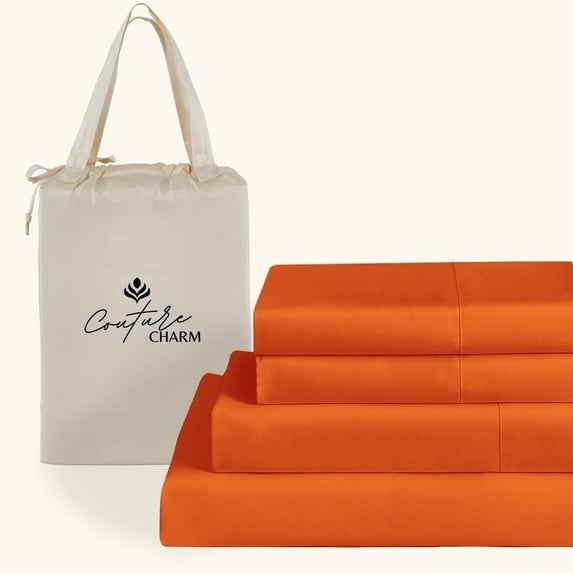 Couture Charm Hotel Luxury 500-TC Egyptian Cotton Split-Queen Size 5-Pcs Sheet Set Fits Upto 14-18" Deep Pocket (Solid, Orange)