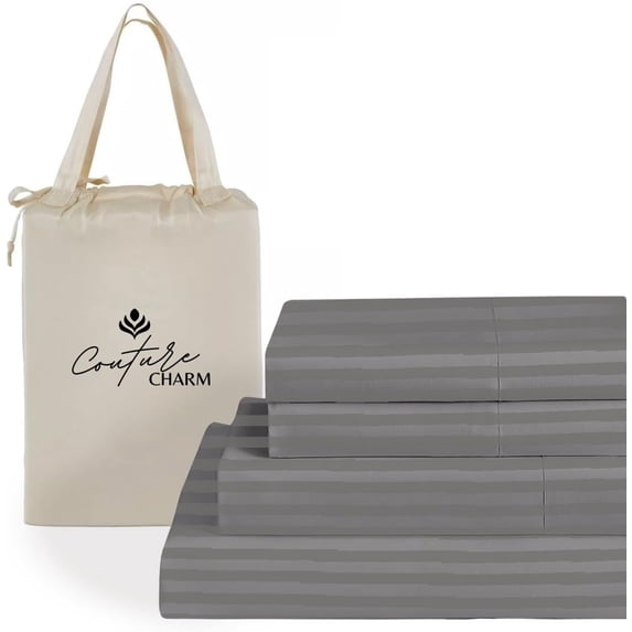 Hotel Luxury 500-TC Egyptian Cotton Twin-XL Size 4-PCs Sheet Set Fits Upto 7-9" Deep Pocket (Stripe, Dark Gray)