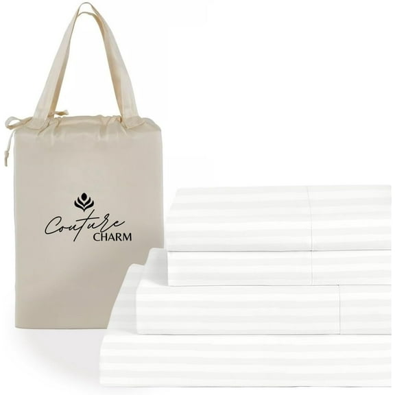 Couture Charm Hotel Luxury 500-TC Peruvian Pima Cotton California Queen Size 4-Pcs Sheet Set Fits Upto 7-9" Deep Pocket (Stripe, White)
