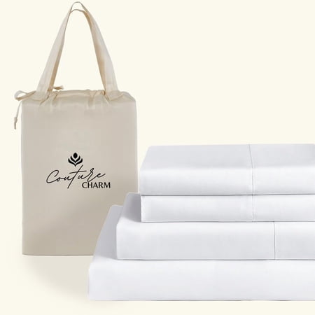 Couture Charm Hotel Luxury 500-TC Peruvian Pima Cotton Queen Size 4-Pcs Sheet Set Fits Upto 7-9" Deep Pocket (Solid, White)