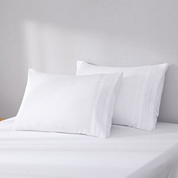 Hotel Luxury Pillowcase Set of 2, 100% Brushed Microfiber Bed Pillow Case, Lightweight Breathable Embroidery Pillowcase(White, Queen)