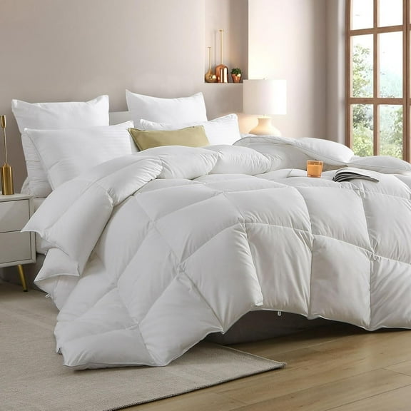 Hotel Luxury All Season Feather Down Comforter King Size, Silky Soft Egyptian Cotton Blend Cover, Fluffy Ethically Sourced & Fibers Filled Duvet Insert with Corner Ties, 106x90 Inch White