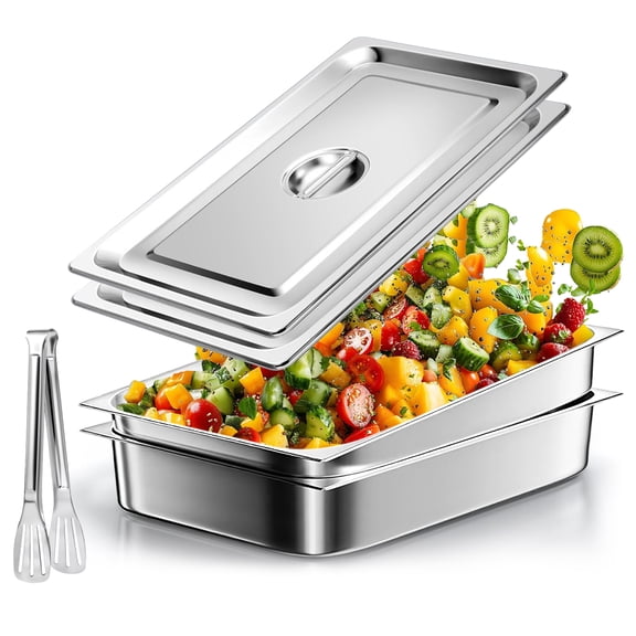 Hotel Pans with Lids 2 Pack 1/1 Size 4" Deep, Hotel Pans Full Size, Steam Table Pan for Catering Buffet Chafing Dish Pan