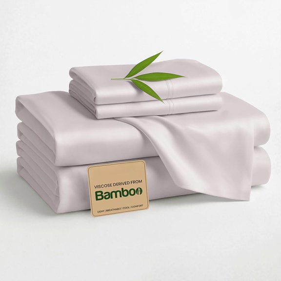 Hotel Quality Luxury  Sheet Set 4 count -  Organically Grown  Viscose, Ultra Soft, Cooling & -Wicking, 18-Inch Deep Pocket,  Light Grey Sheets