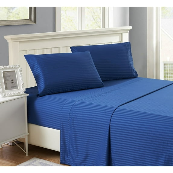 Hotel Quality Sheet-Set Full Size – Stripe Navy Blue Luxury Double Brushed 100% Microfiber , Easy Fit Wrinkle and Fade Resistant, 24” inch deep pocket by Splendid