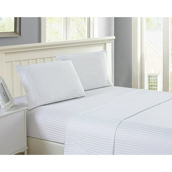 Hotel Quality Sheet-Set Queen Size – Stripe White Luxury Double Brushed 100% Microfiber , Easy Fit Wrinkle and Fade Resistant, 12” inch deep pocket by Splendid
