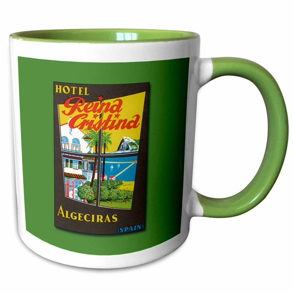 3drose, Hotel Reina Cristina Algeciras Spain Travel Luggage Label Reproduction, 15oz Two-tone Green Mug