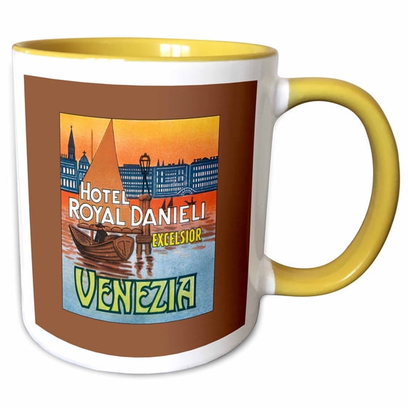 3drose, Hotel Royal Canieli Excelsior Venezia Sailboat with City Backdrop, 15oz Two-tone Yellow Mug