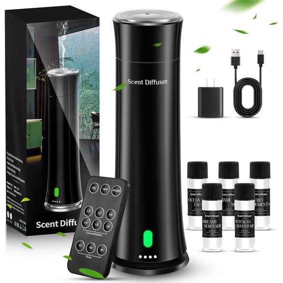 Hotel Scent Diffuser Starter Kit - 1500 Sq Ft Coverage, Hotel Scents Collection, Suitable for Waterless Diffuser Large Room, Contains Five Aromatherapy Essential Oils, Remote Control, Black