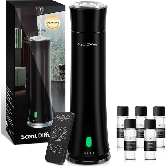 Hotel Scent Diffuser Starter Kit - 1500 Sq Ft Coverage, Premium Plastic Essential Oil Diffuser, Waterless for Home, Hotel, Office, 5 Oils Included, Large Room, Black, 11In