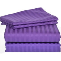 Hotel Soft 600-Thread Count Soft Egyptian Cotton Easy Care 4-PCs Sheet Set Fit upto 9-12" Inch Deep Pockets Stripe Pattern ( Queen, Purple )