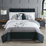 Hotel Style 14 Piece Bed- Set, King, Navy & Grey, Floral, Embroidered ...