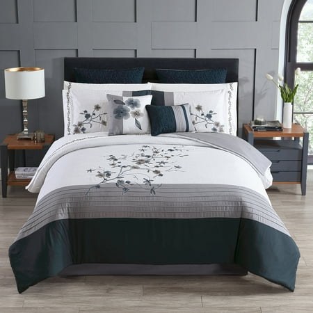 Hotel Style 14 Piece Bed- Set, Queen, Navy & Grey, Floral Branches, Embroidered, Polyfil