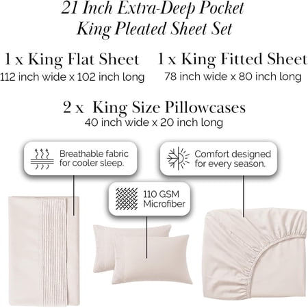Hotel Style 21 Inch Extra Deep Pocket King Sheet Set 4 Piece Pleated Beige Microfiber Wrinkle Resistant