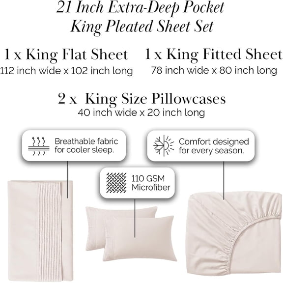 Hotel Style 21 Inch Extra Deep Pocket King Sheet Set 4 Piece Pleated Beige Microfiber Wrinkle Resistant