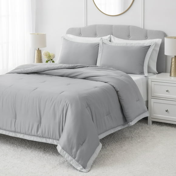 Hotel Style 3-Piece Grey/Silver Egyptian Cotton-Rich Blend Luxury Comforter Set, Full/Queen