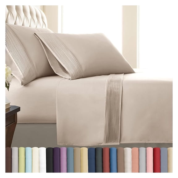Hotel Style 4 Piece 21 Inch Extra Deep Pocket Full Size Sheets Set, Pleated Beige Sheets Full Size, Fade & Wrinkle Resistant Microfiber, 2 Pillow Cases - Natural Beige