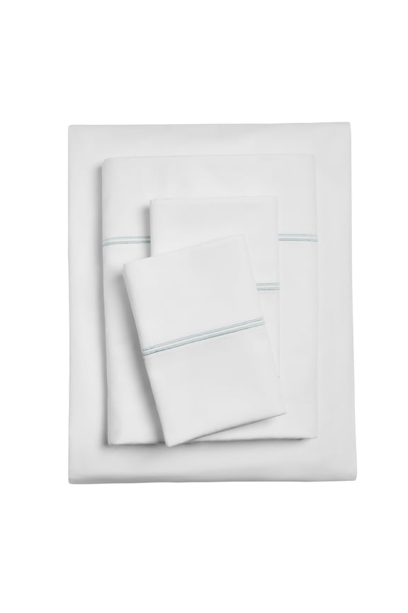 4-Piece 300 Thread Count White Pima Cotton Bed Sheet Set with Blue Double Marrow Hem, Full , Adult/Teen