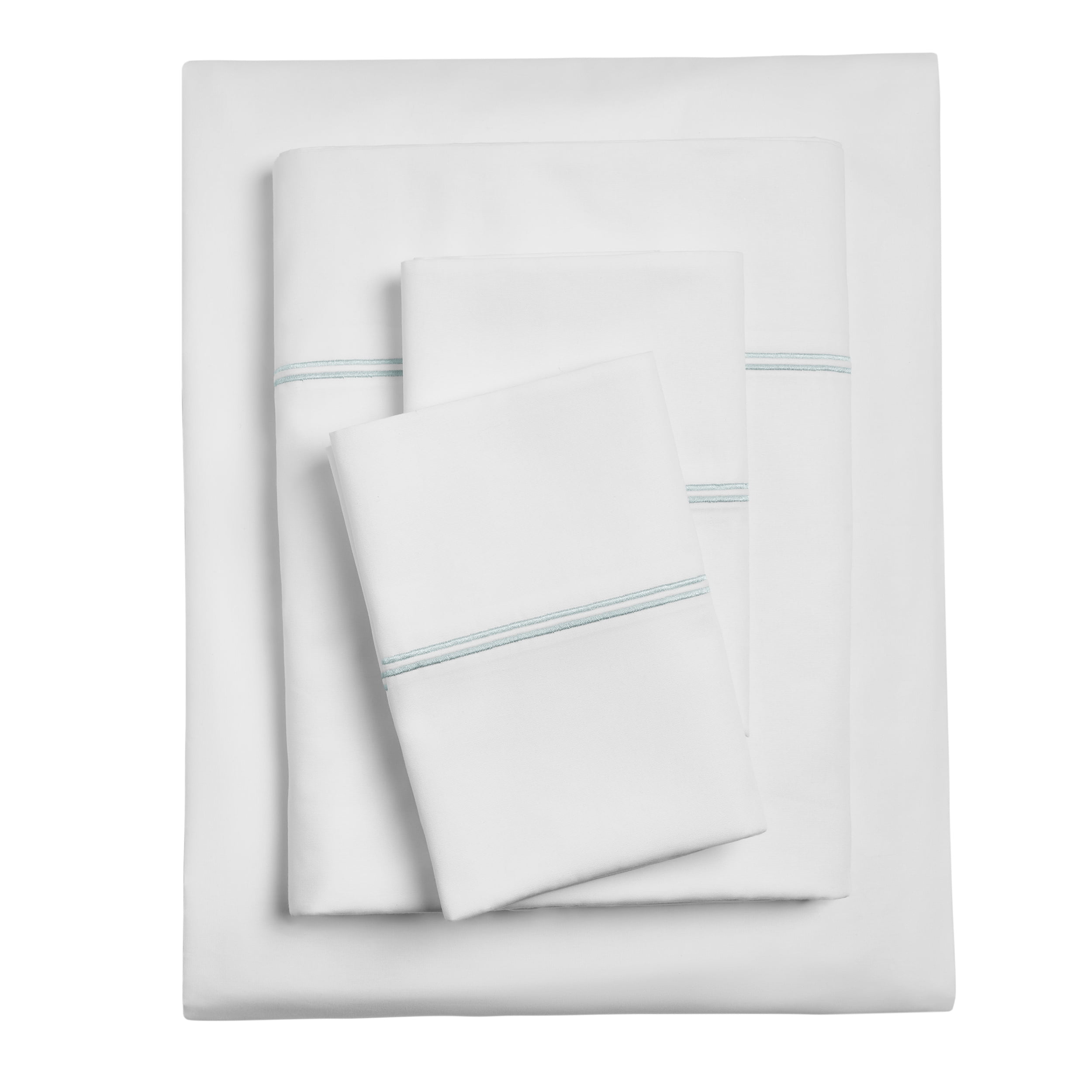 Hotel Style 4-Piece 300 Thread Count White Pima Cotton Bed Sheet Set with Light Green Hem, King , Double marrow Hem , Adult/Teen