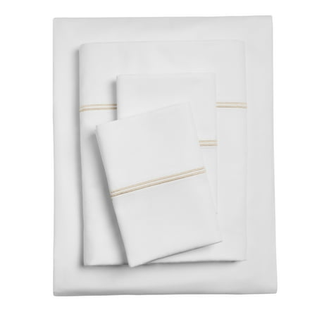 Hotel Style 4-Piece 300 Thread Count White Pima Cotton Bed Sheet Set with Tan Hem, Queen , Double marrow Hem , Adult/Teen