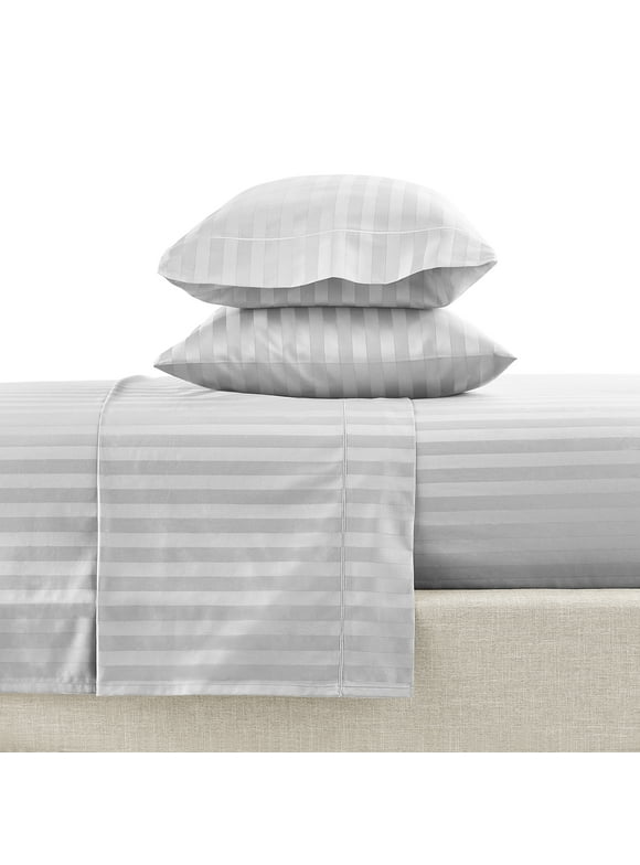 Hotel Style 4-Piece 600 Thread Count Grey Stripe Egyptian Cotton Bed Sheet Set, Queen - Deep Pocket
