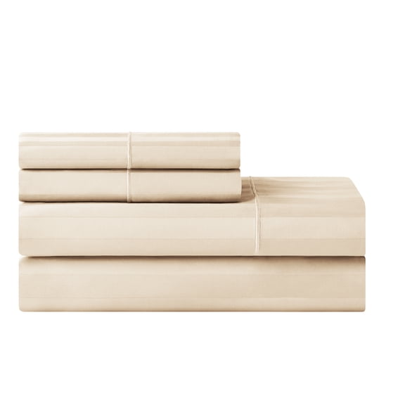 Hotel Style 4-Piece 600 Thread Count Cotton Sateen Bed Sheet Set, Tan Stripe, Full, Deep Pocket