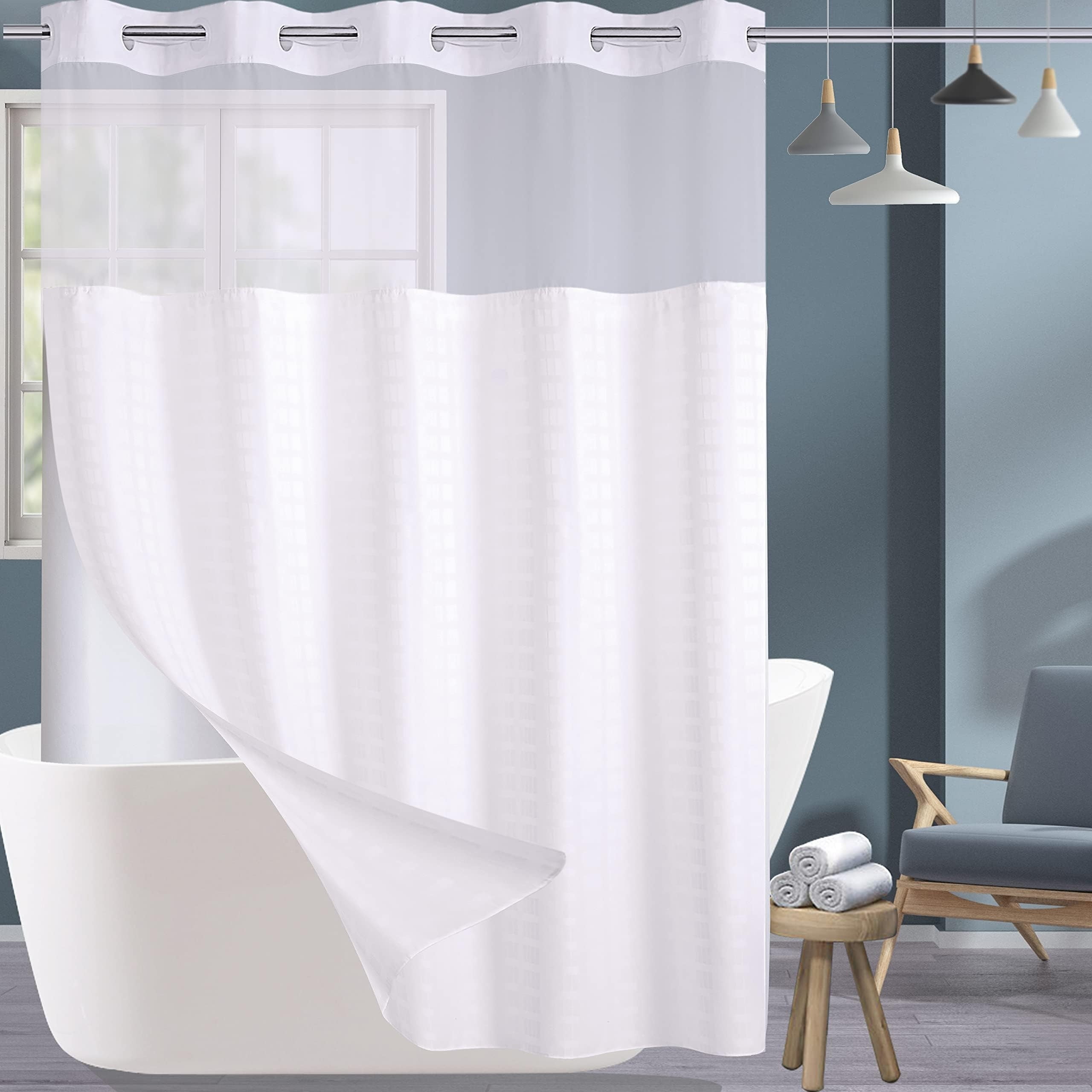 White Fabric Shower Curtain with See Through Window and Liner