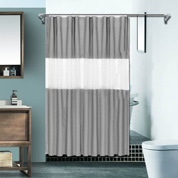 Hotel Style Shower Curtain with Sheer Top Window, Water Modern Bathroom Curtain with Rings