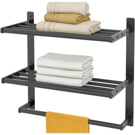 Hotel Towel Racks for Bathroom Wall Mounted, Towel Shelf for Bathroom 3-Tier, 16 Inch Matte Black Towel Bar with Shelf