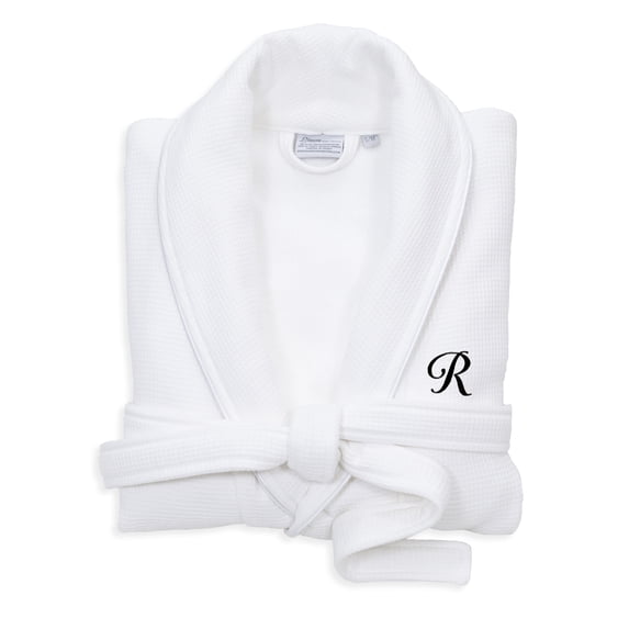 Hotel Turkish Cotton Waffle Terry Bathrobe with Satin Piped Trim - Personalized - White