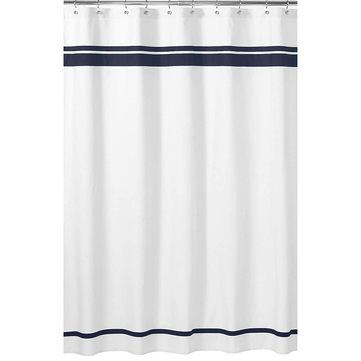 Hotel White and Navy Blue Cotton Striped Shower Curtain